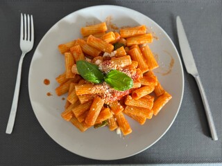 Delizioso piatto di rigatoni al pomodoro con basilico fresco