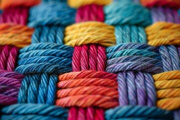 Macro Shot of Textured Fabric with Intricate Woven Patterns and Colors