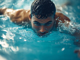A man is swimming in a pool