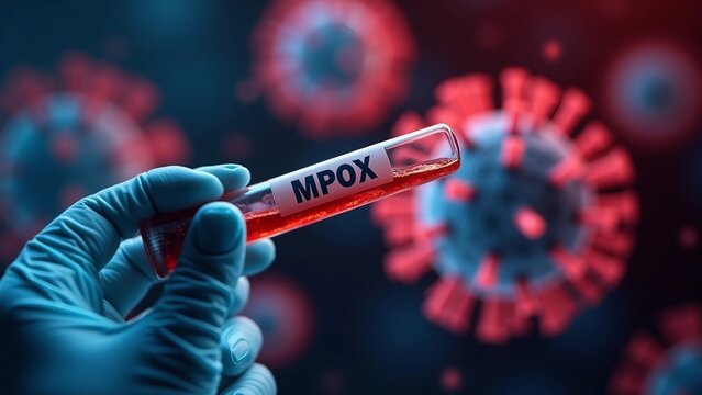  Close-up of a gloved hand holding a test tube labeled "MPOX"