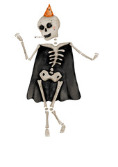 Dark Humor Celebration: Spooky Skeleton with a Cigarette at a Bizarre Birthday Party
