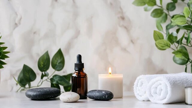 A calming spa arrangement features essential oils, smooth stones, rolled towels, and a lit candle, creating a serene wellness environment.