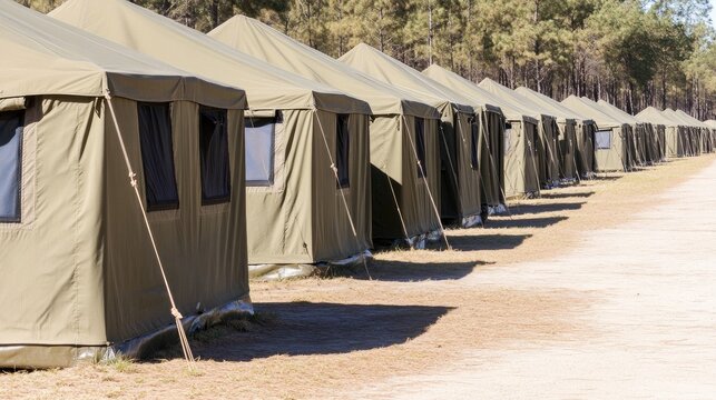 Military tents lined up in a tranquil pine forest during a training exercise