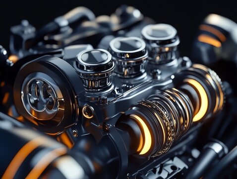 Monochrome hyper realistic internal combustion engine with premium components and sharp lighting