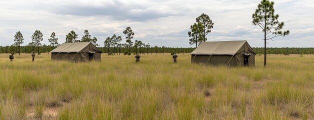 Summer camp training in a scenic pine forest with military tents and soldiers