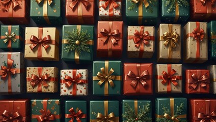 Bird's-Eye View of a Charming Christmas Gift Boxes Collection Surrounded by Pine Trees: A Festive Holiday Scene Perfect for Seasonal Inspiration and Decorating Ideas