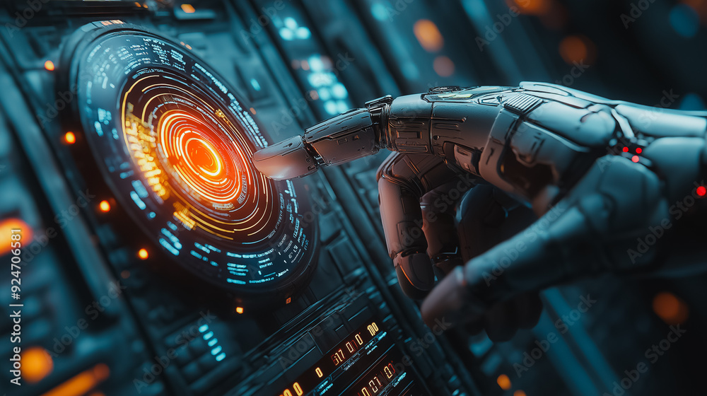 Poster artificial intelligence in action, high-tech machinery, modern data analysis, advanced algorithms, f