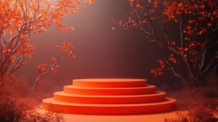 Illuminated Orange 3D Podium in a Spooky Halloween Setting with Soft Shadows