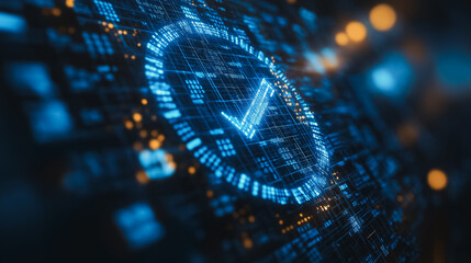 Law and standard compliance concept on a blue virtual screen, highlighting rules, regulations, and policy documents with checkbox lists