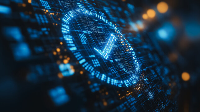 Law and standard compliance concept on a blue virtual screen, highlighting rules, regulations, and policy documents with checkbox lists