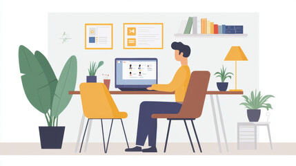 A remote worker collaborating with colleagues through a group chat app on a laptop in a home