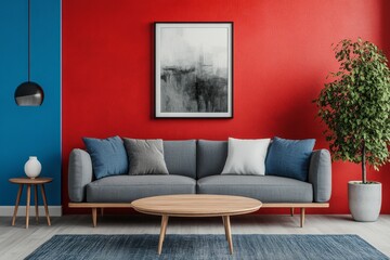 Minimalistic red, gray, and blue living room interior with abstract wall art and elegant sofa couch