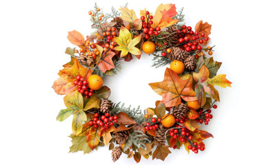 Autumn Wreath With Leaves, Berries, and Pinecones