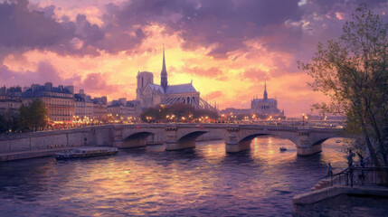 Fototapeta premium A romantic scene in Paris, capturing the Seine River with iconic bridges and Notre-Dame