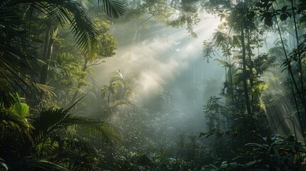 Sunbeams Through Lush Rainforest Canopy