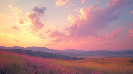 Obraz premium Stunning sunset tapestry with roseate clouds over rolling hills.