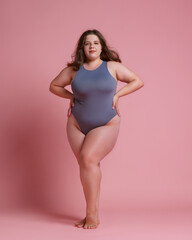 Confident, plus-size woman in sleek bodysuit, hands on hips, embracing her natural beauty against...