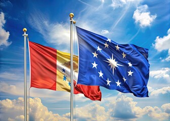 Vibrant Indiana state flag with golden torch and Tennessee state flag with tri-star design, both waving in unison, symbolizing regional pride and unity.