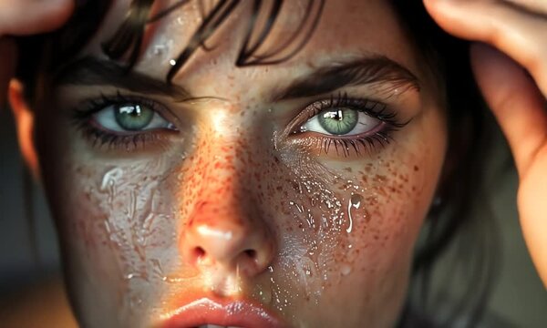 A breathtaking portrayal of a young girl showcasing her vivid blue eyes, glistening skin, and evocative expression that captures raw emotion