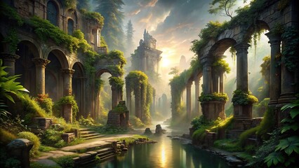 Forgotten River's Lore: Mysterious, atmospheric, dimmed sunlight, overgrown ruins, ancient legends