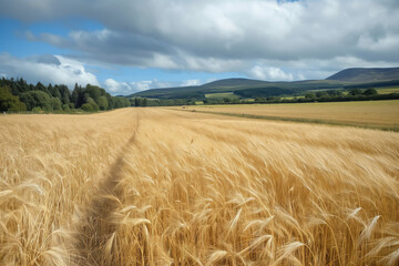 Golden barley field stretching out under a cloudy sky, creating a serene landscape in the scottish countryside