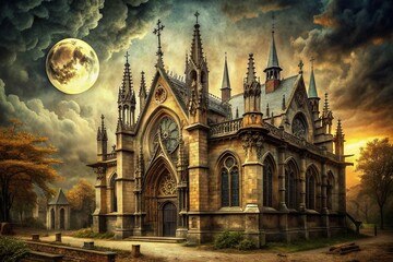 Fototapeta premium Haunted Heritage: Vintage, spooky, aged materials, Gothic architecture, macabre symbolism