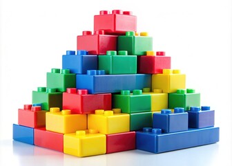Vibrant multicolored toy bricks stacked high on a pure white backdrop, symbolizing creativity, learning, and imagination, with a fun and playful educational concept.