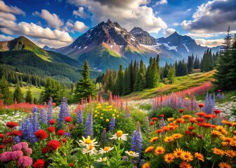 Naklejka premium Mountainous Floral Rhapsody: Majestic peaks, vibrant wildflowers, lush undergrowth, earthy accents