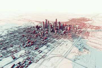 Technical aerial visual, 3D LiDAR GIS aerial map satellite scan model isolated, showing Tulsa, USA. Elevation, topography, render