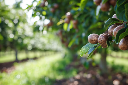 Ripe macadamia nuts on tree in bright sunlight, ready for harvest. Lush green backdrop with space for text. Australian farm scene