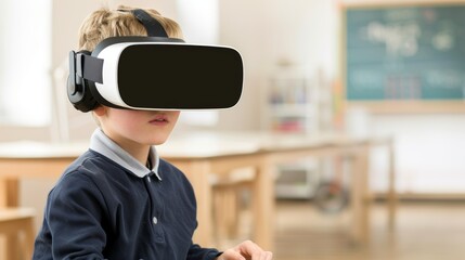 A child immersed in virtual reality using a headset in a classroom, exploring educational possibilities through technology.