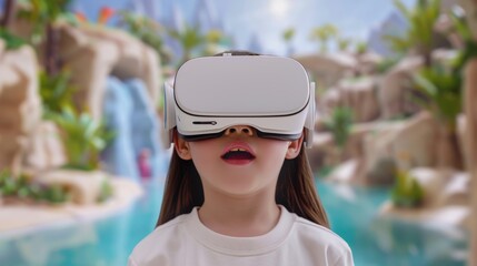 A child immersed in a virtual reality experience, showcasing fascination and wonder in a vibrant, immersive landscape.