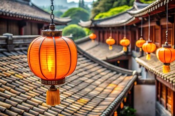 Vibrant orange lantern hangs from a rustic chain against a blurred backdrop of ancient roof tiles and intricately designed traditional Chinese building roofs.