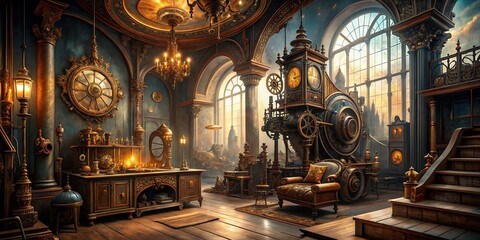Obraz premium Steampunk Victorian Fantasy: Intricate machinery, Victorian architecture, leather and metal accents, antique furnishings, imaginative atmosphere