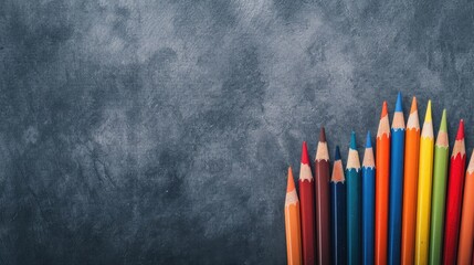 Colored pencils arranged vertically on a gray background in the top right corner