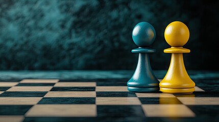 Dynamic chess pawns representing Ukraine and Russia on a striking black background in a visually stunning 3D design