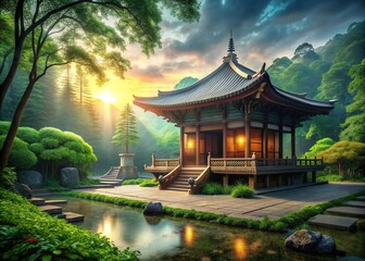 Obraz premium Temple of Serenity: Sacred, atmospheric, secluded, natural light, spiritual ambiance