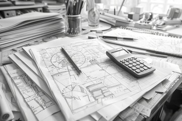 Realistic Sketch of Math Homework with Textbooks and Calculator.