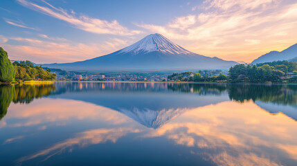 A serene view of Mount Fuji reflected in the calm waters of Lake Kawaguchi during sunrise © Chatchanan