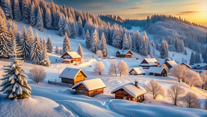 Winter's Embrace: Snow-covered hillsides, cozy cottages, idyllic and heartwarming atmosphere.