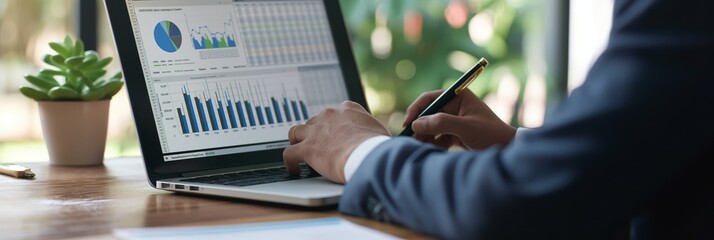 A business professional is seen analyzing data charts on a laptop, focusing on trends and insights in a bright, well-decorated office setup.