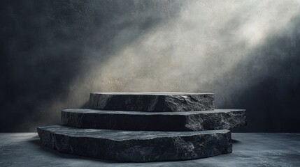 A tiered 3D podium made of rough black stone, bathed in soft, diffused light in a moody setting
