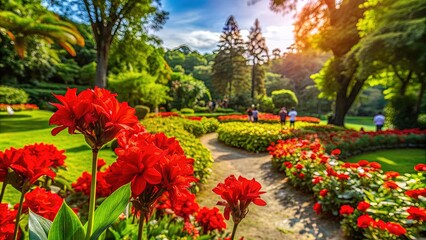 Fototapeta premium Vibrant red flowers bloom beautifully amidst lush greenery, attracting visitors to the serene botanical garden within the park on a sunny afternoon.