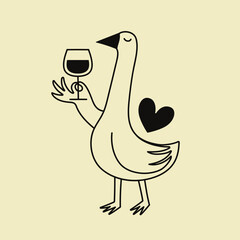 Funny vector illustration with goose, wine glass and heart. Monochrome print design with animal and drink, apparel print, wall decoration poster 