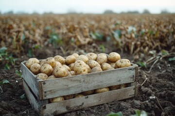 Organic potato harvest  freshly harvested spuds in wooden crate on a beautiful farm field