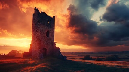 A lone stone tower stands atop a hill, bathed in the golden light of a dramatic sunset. The sky is ablaze with fiery hues, 