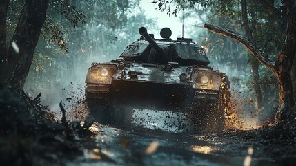 A military tank drives through a dense, green forest.