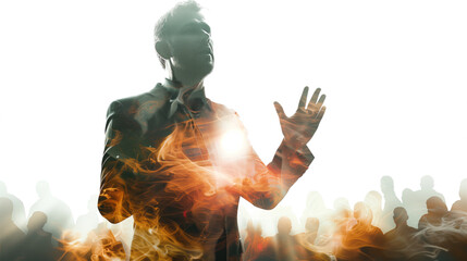 Charismatic public speaker with audience and motivational visuals double exposure effect