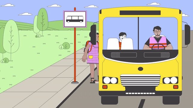 Diverse kids getting on school bus cartoon animation. Schoolbus schoolchildren. Bus stop school 4K video motion graphic. Elementary children 2D animated characters on rural roadside background