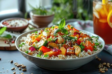 A vibrant bowl of rice topped with colorful vegetables and herbs, perfect for a healthy meal.